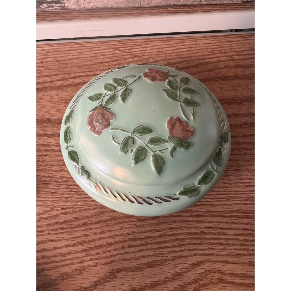 Vintage Hand Painted Bone China Trinket Dish, Lid Green And Roses‎ Powder Bowl